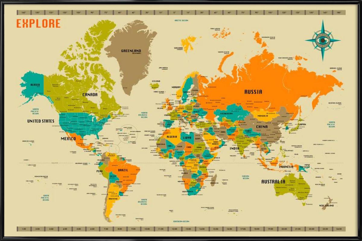 New World Map Poster in Standard Frame | JUNIQE UK