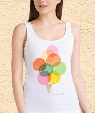 Woman wearing a white tank top with an ice cream motif