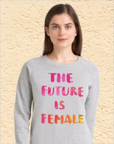 Woman wearing a grey jumper featuring a The Future is Female design
