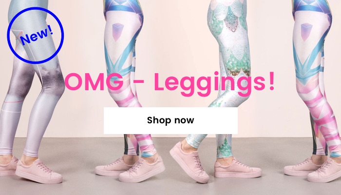 Five sets of female legs in different poses sporting all-over print leggings