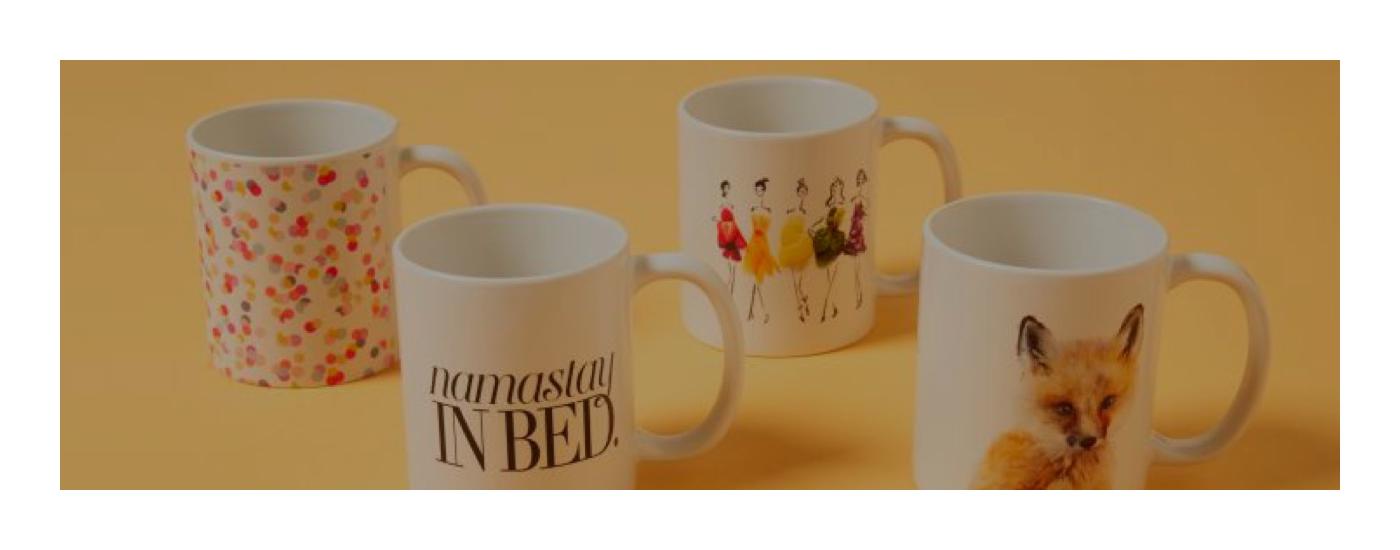 mugs with namastay in bed, fox and polka dot designs